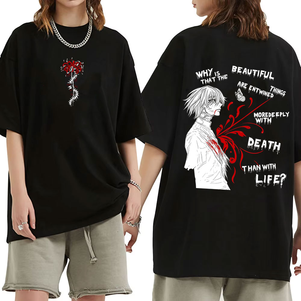 Vintage Ken Fashion - アニメ「東京喰種」のスパイダーリリーTシャツ。ユニセックス、漫画風のデザイン、カネキ・ケンのグラフィックプリント。メンズ、レディース、ファッション、ヴィンテージ、オーバーサイズ、ストリートウェア。