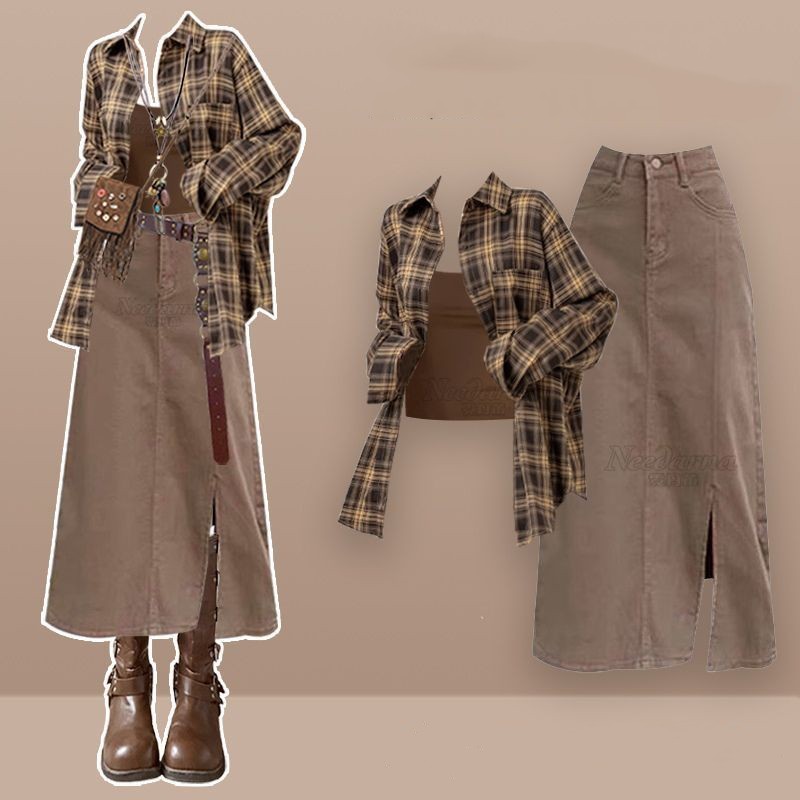 Vintage Fashion Jersey - レディース2026夏新作ファッションストライプシャツ+ベスト+ヴィンテージデニムスカート3点セット韓国風エレガントカーディガンワンピースコーディネートセット