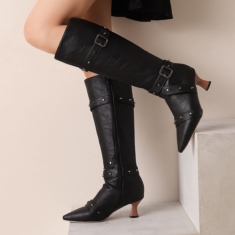 Vintage Fashion Style - Girseaby レディース 膝丈ブーツ ポインテッドトゥ ヒール ジップ