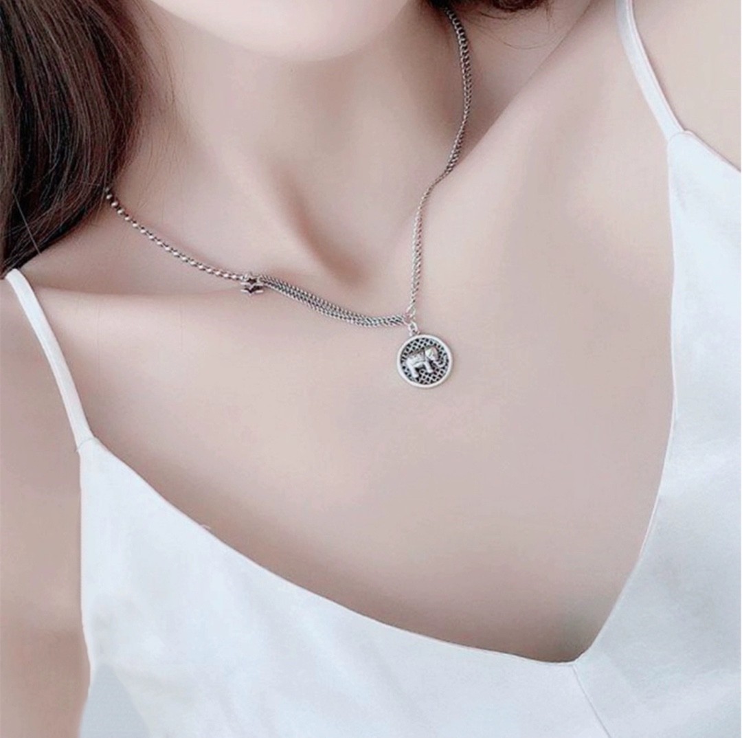 Vintage Fashion Instagram - 純銀製のヴィンテージ象ネックレス（女性用）、ファッショナブルなインスタグラム向けレイヤリング、二重鎖骨チェーンアクセサリー