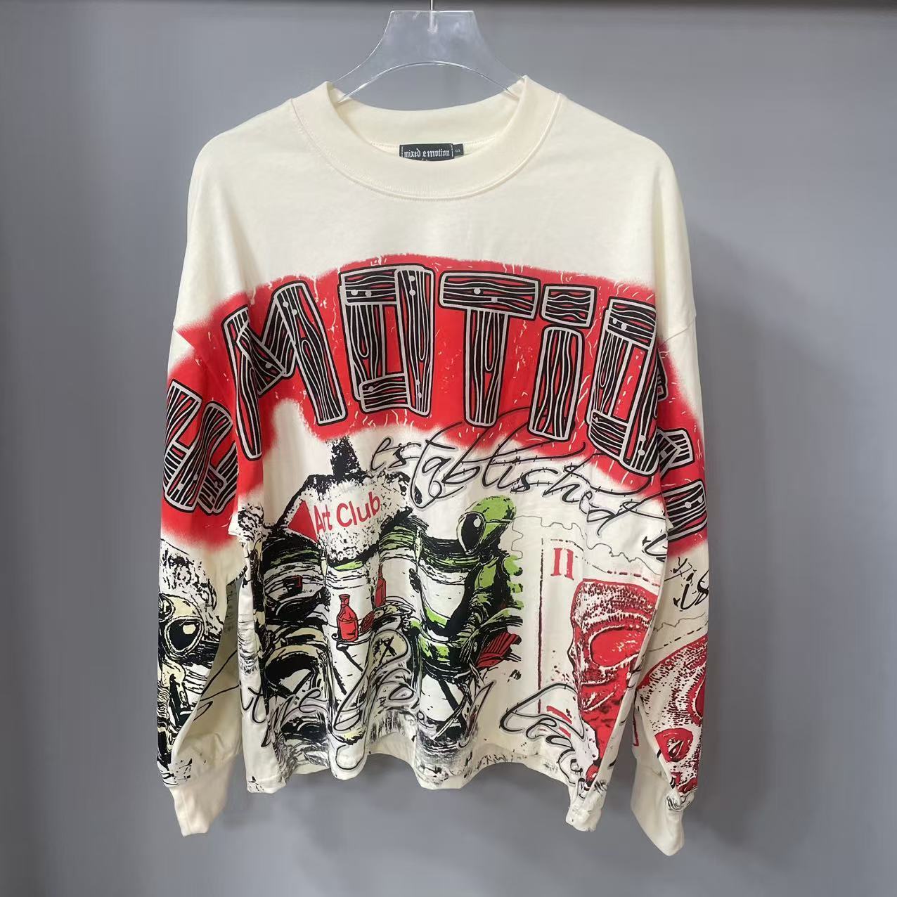 Vintage Fashion T Shirts - 高品質デザイナー MIXED-EMOTION 長袖Tシャツ 100%コットン メンズ＆レディース ヴィンテージプリント＆ホットフィックスラインストーン