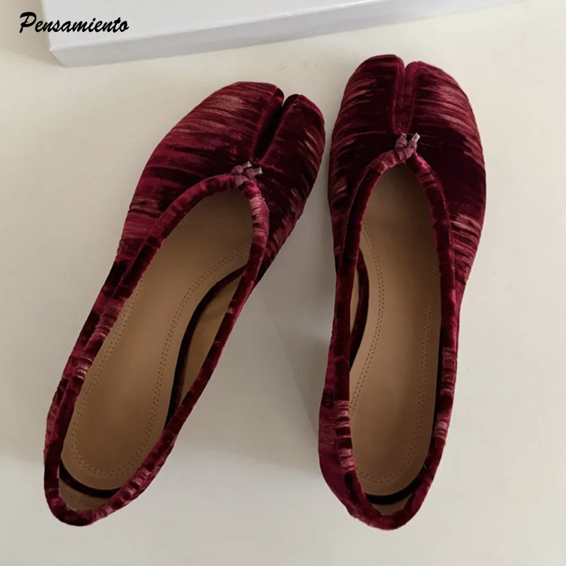 Vintage Fashion Online - ファッションプリーツデザイナーフランネルスプリットトゥ女性用バレエパンプスヴィンテージローヒールタビローファーカジュアルソフトソールウォーキングシューズ