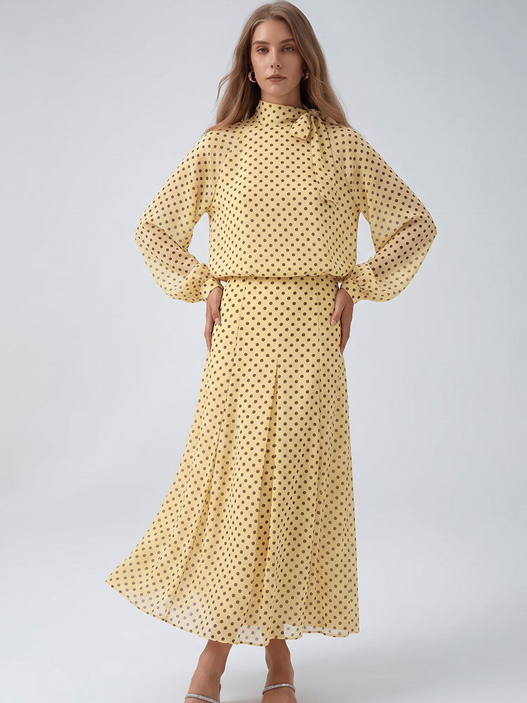 Vintage Fashion Jersey - HH ヴィンテージ レディース 水玉模様スーツ バブルスリーブシャツ ジッパーロングスカート