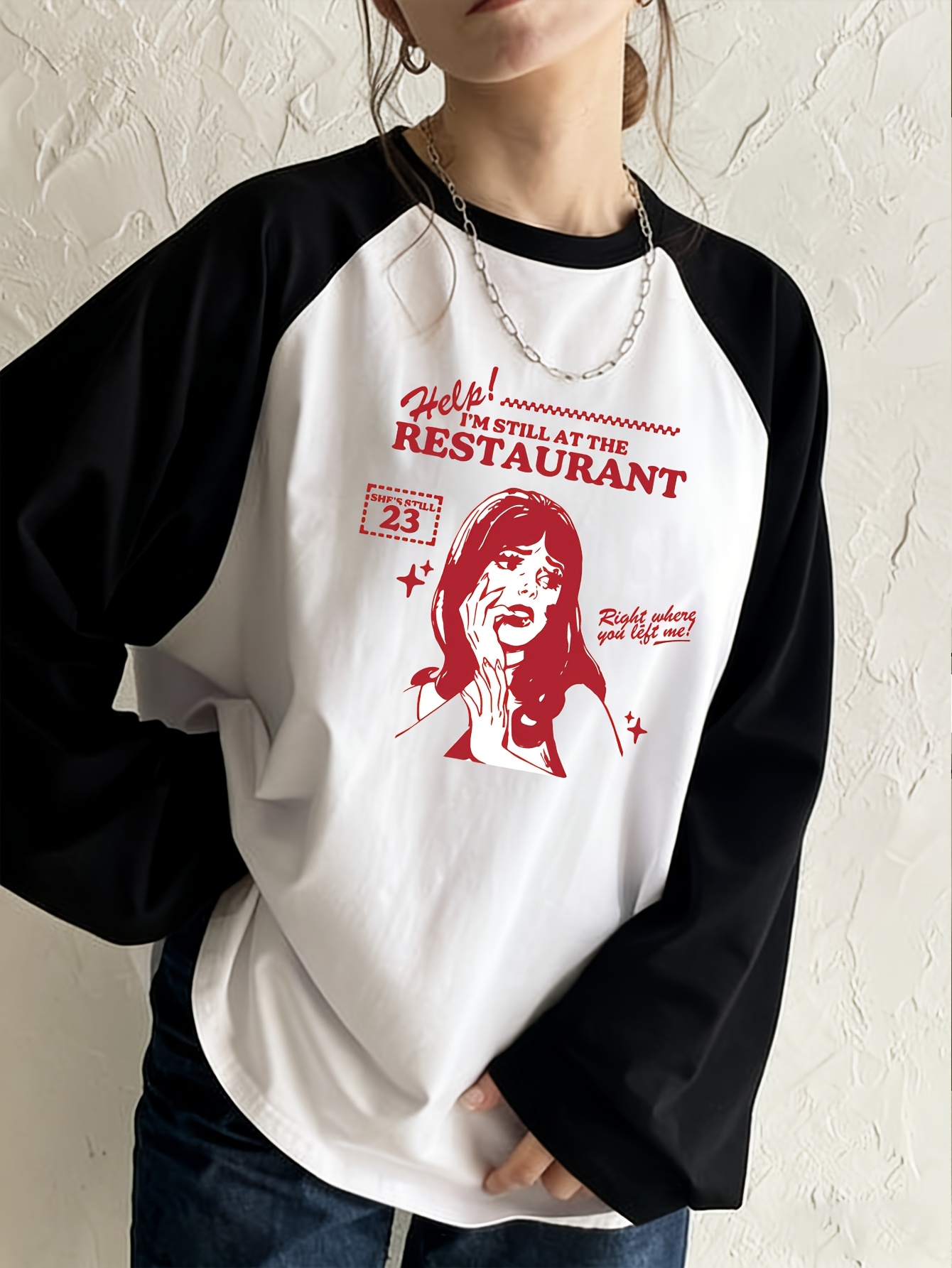 Vintage Fashion Instagram - TS番号 23 Restaurant Lyricsプリントラグラン長袖Tシャツ（女性用）インスタグラムトレンドヴィンテージTシャツ服女性用