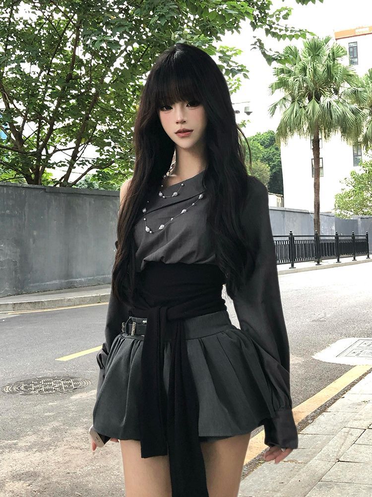 Vintage Fashion T Shirts - 2026年ホットガールセクシーゴシックスリムオフショルダーTシャツヴィンテージ春デザイナー風Y2Kファッションショートスカートツーピースセット