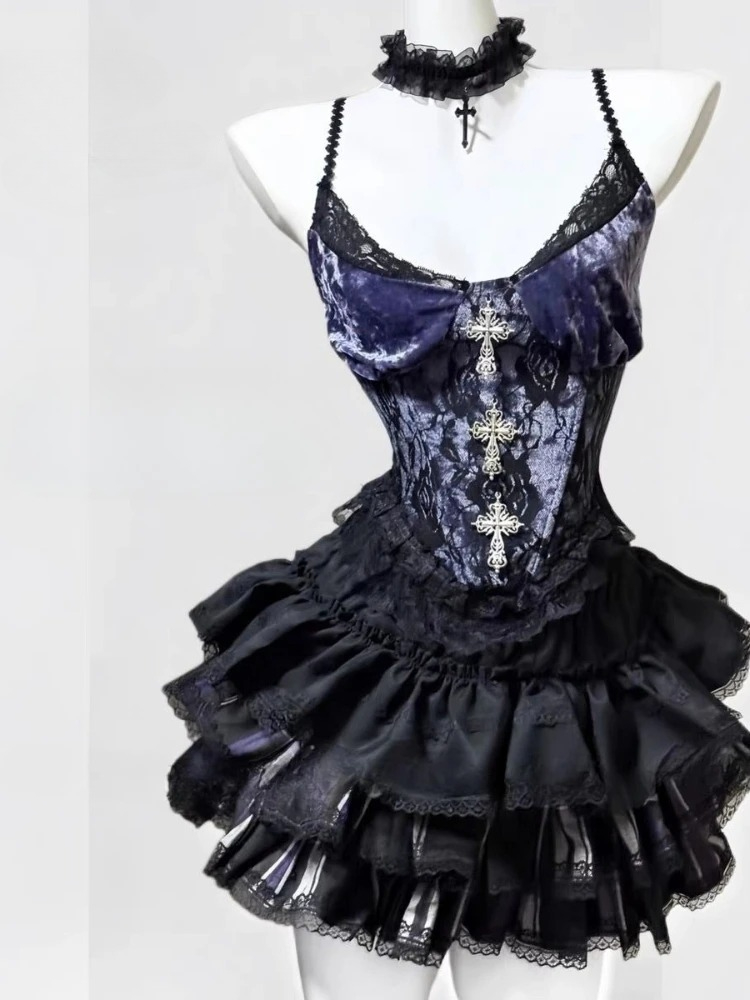 Vintage Fashion Retro Outfit - 夏のセクシーなレトロツーピース女性セットスパイシーガールレースキャミソール + ふわふわハイウエストミニスカート韓国ファッション Y2k ヴィンテージ衣装