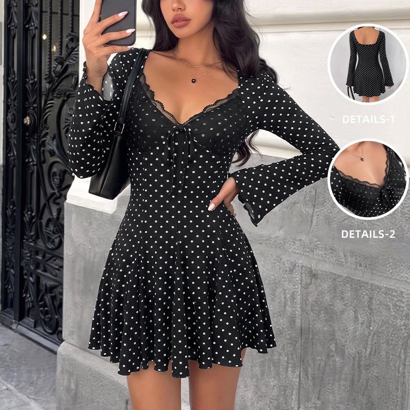 Vintage Fashion Retro Outfit - レディース ヴィンテージ ドット柄 レース Vネック ウエストシェイプ