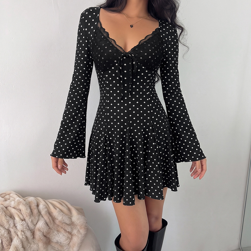 レディース ヴィンテージ ドット柄 レース Vネック ウエス - Vintage Fashion Retro Outfit のレビューと価格